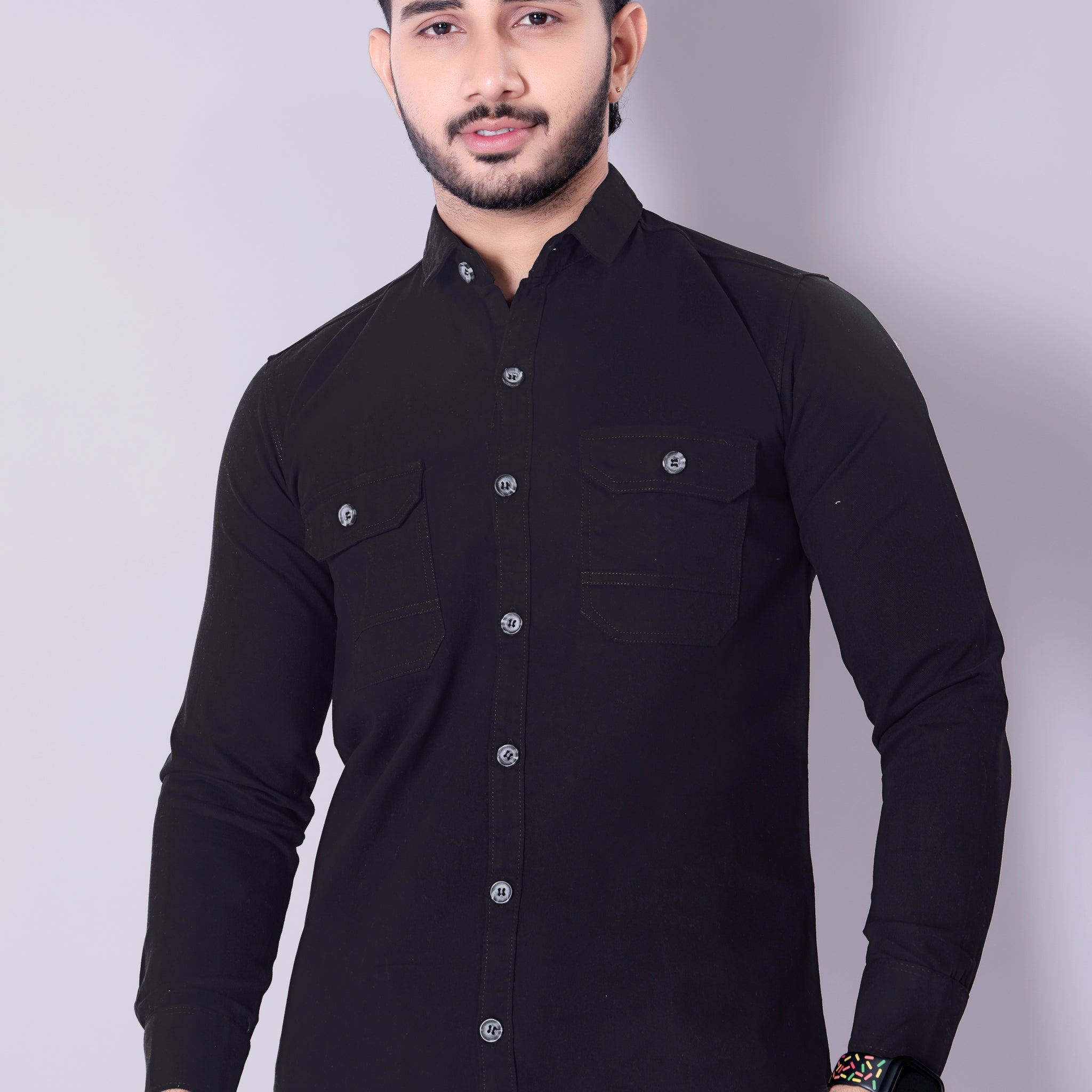 Flaxshion Mens Dark jet Black Cargo Shirt Full Sleeve Cotton Shirt with Flap Pockets