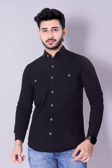 Flaxshion Mens Dark jet Black Cargo Shirt Full Sleeve Cotton Shirt with Flap Pockets
