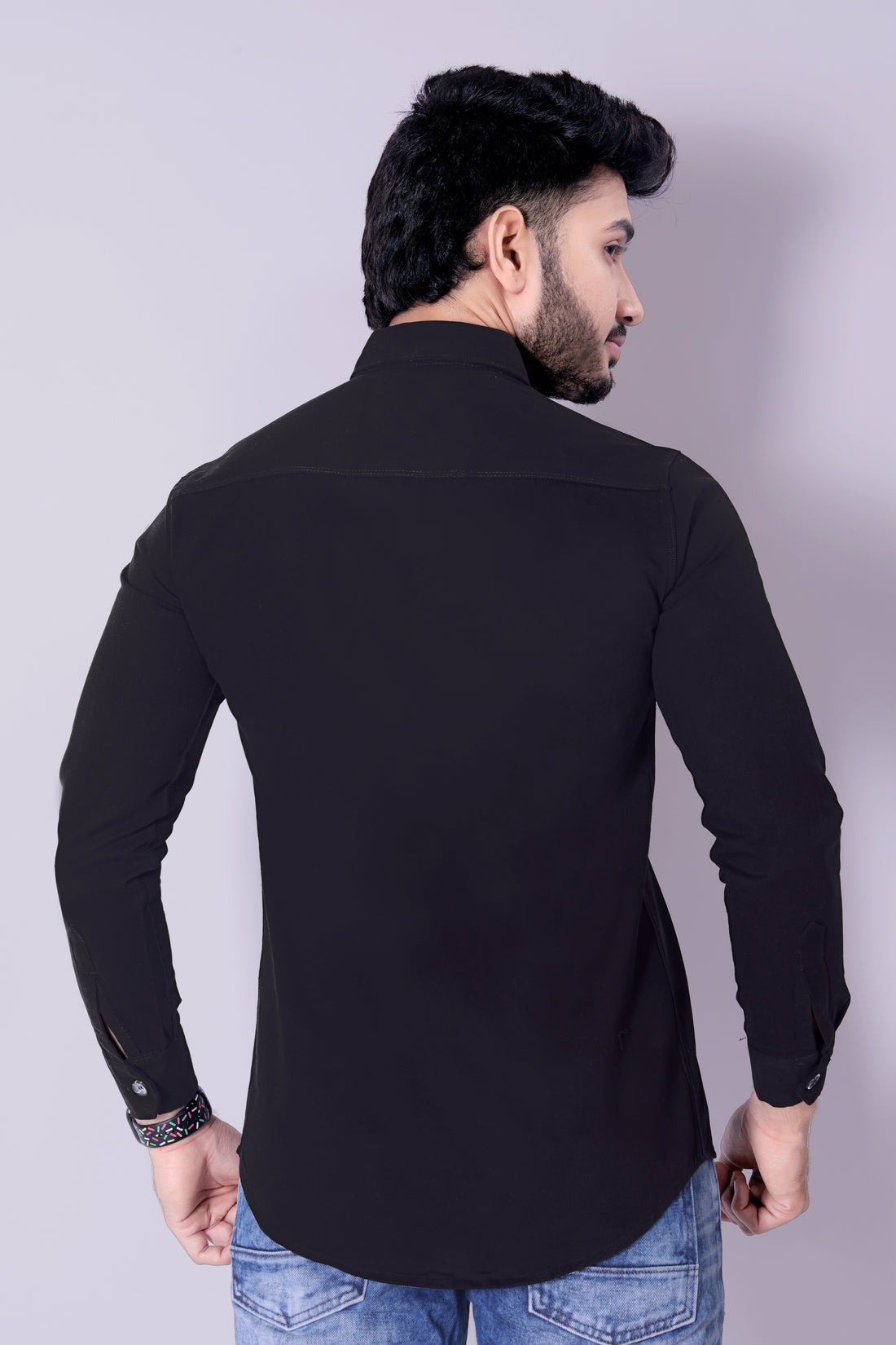 Flaxshion Mens Dark jet Black Cargo Shirt Full Sleeve Cotton Shirt with Flap Pockets