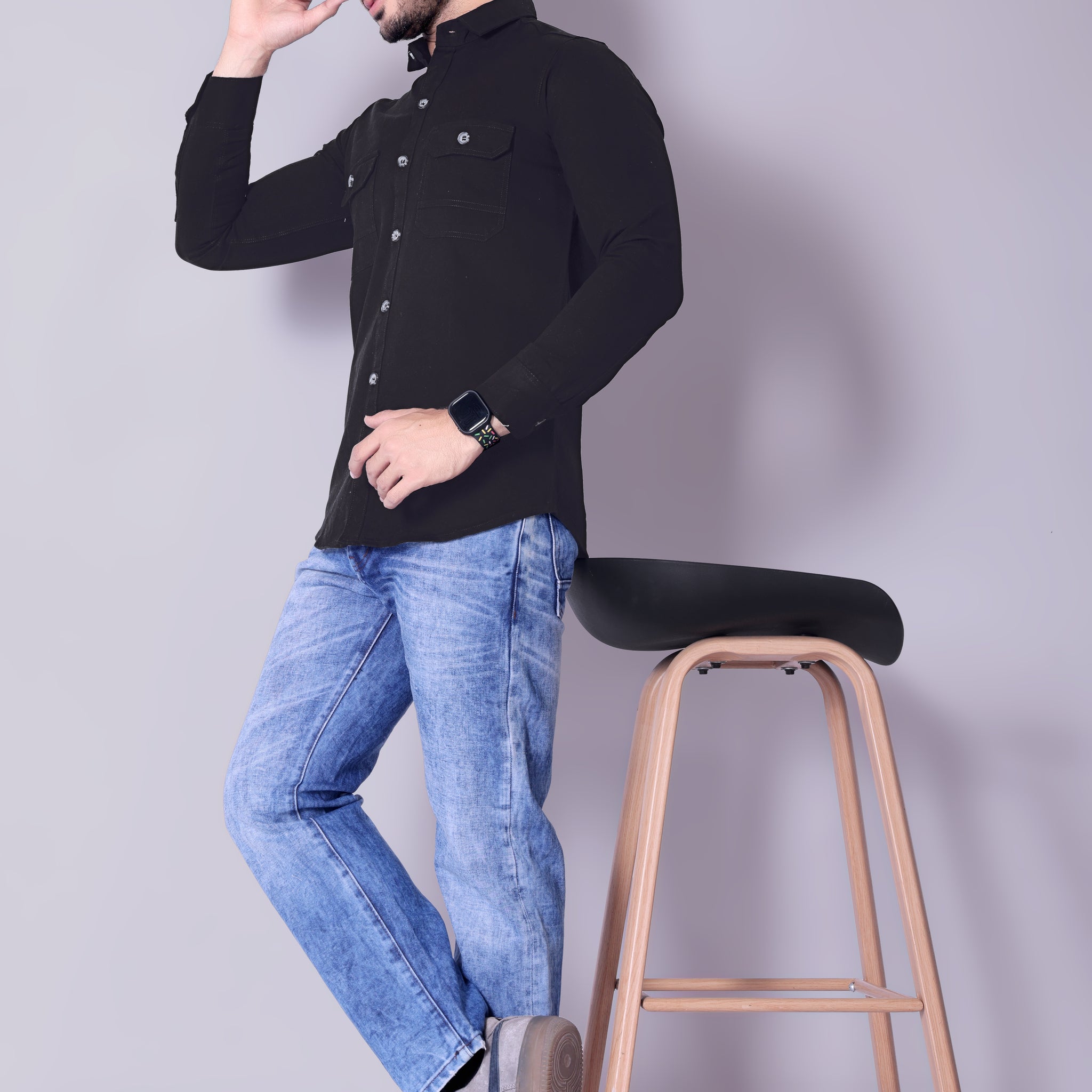 Flaxshion Mens Dark jet Black Cargo Shirt Full Sleeve Cotton Shirt with Flap Pockets