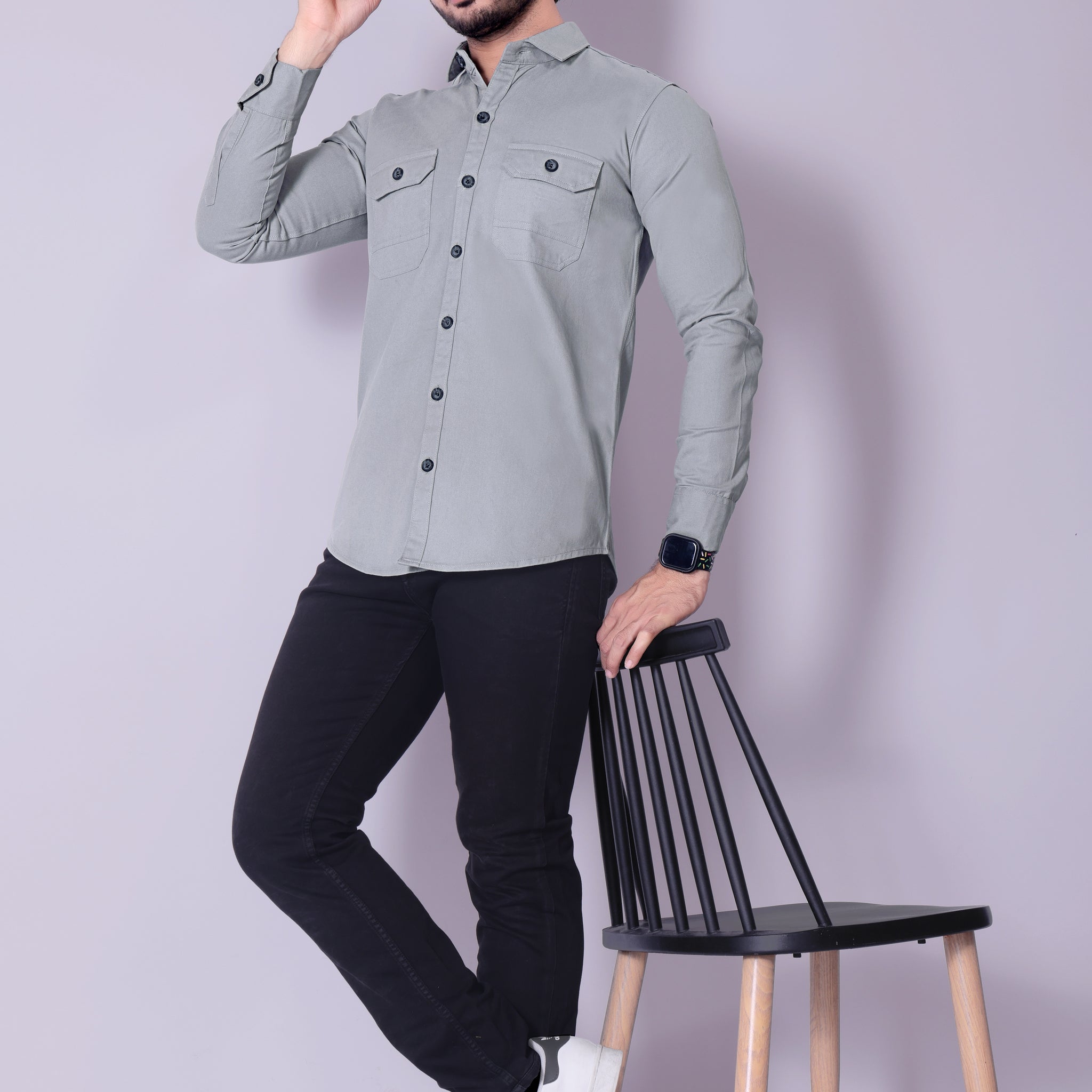 Flaxshion Men s Grey Cargo Shirt Full Sleeve Cotton Shirt with Flap Pockets