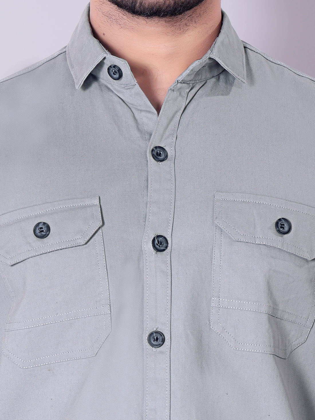 Flaxshion Men s Grey Cargo Shirt Full Sleeve Cotton Shirt with Flap Pockets