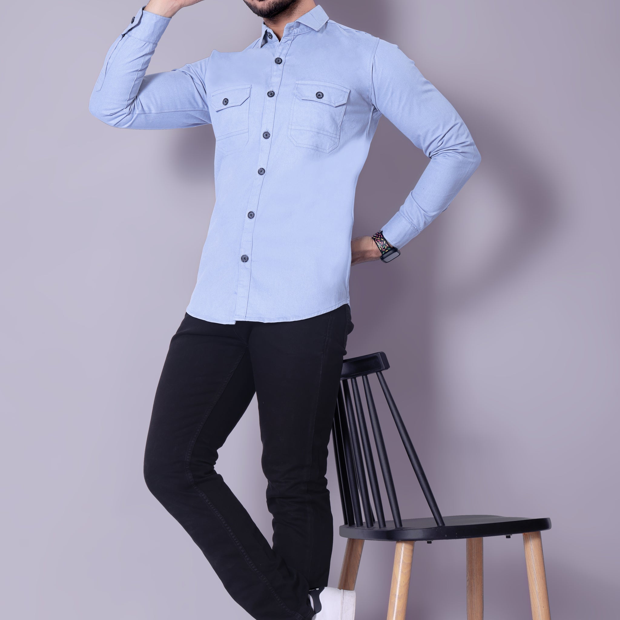 Flaxshion Mens Light Blue Cargo Shirt Full Sleeve Cotton Shirt with Flap Pockets