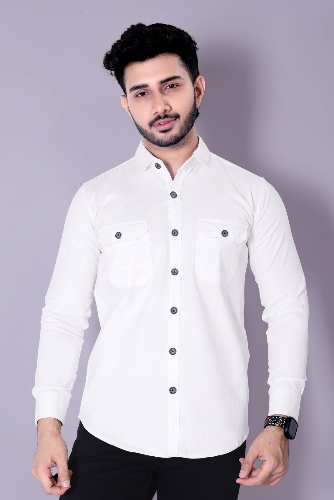 Flaxshion Mens White Cargo Shirt Full Sleeve Cotton Shirt with Flap Pockets