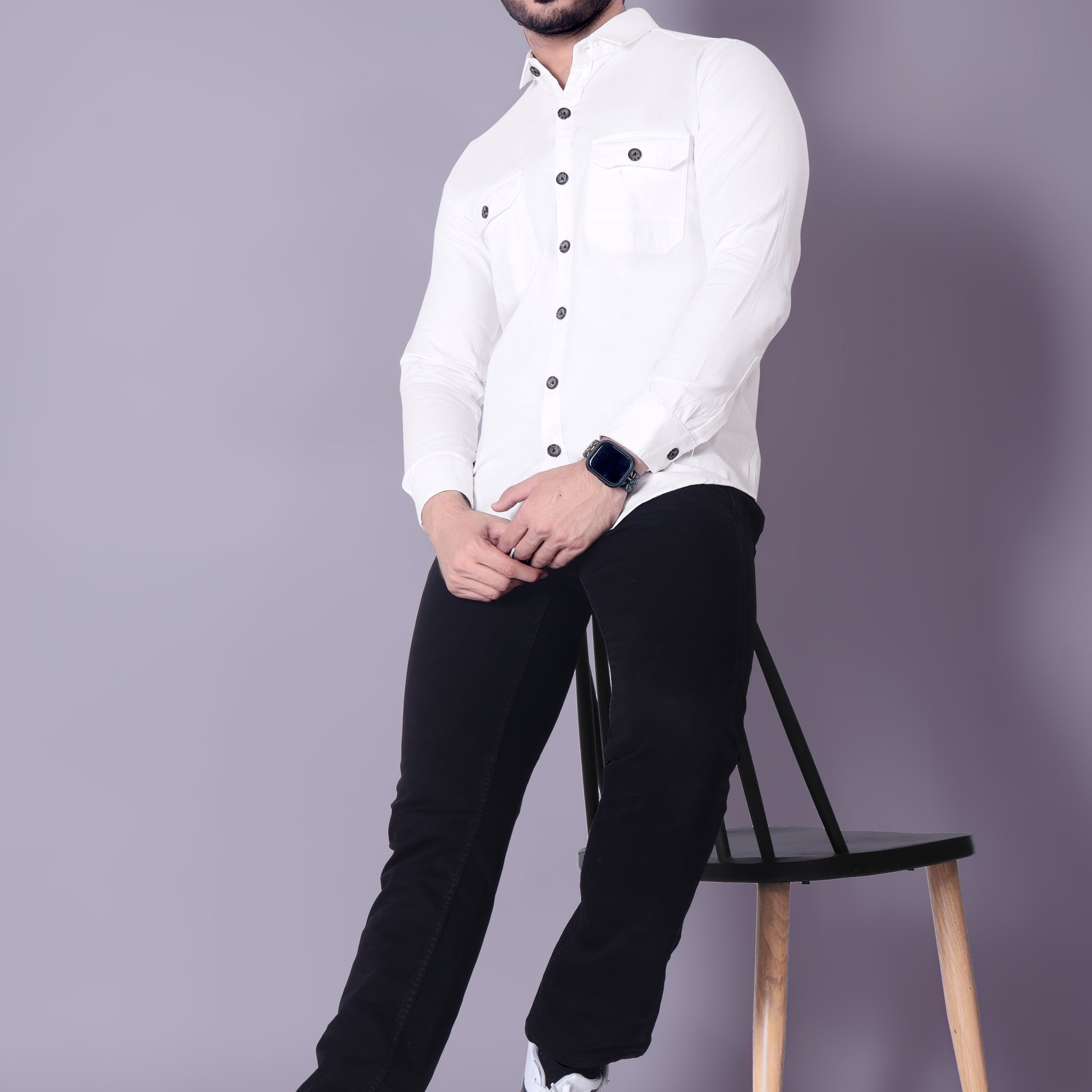 Flaxshion Mens White Cargo Shirt Full Sleeve Cotton Shirt with Flap Pockets