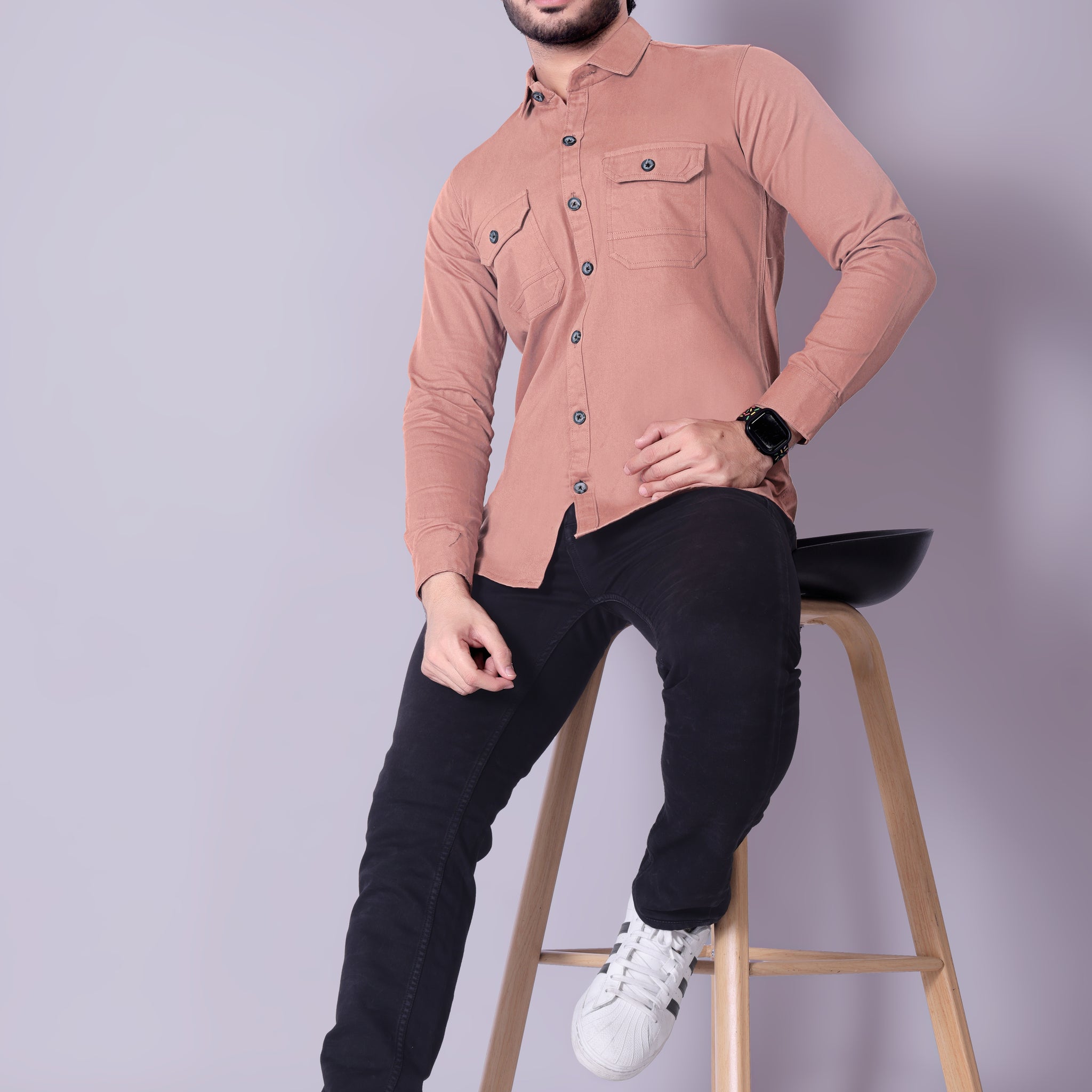 Flaxshion Mens Peach Cargo Shirt Full Sleeve Cotton Shirt with Flap Pockets