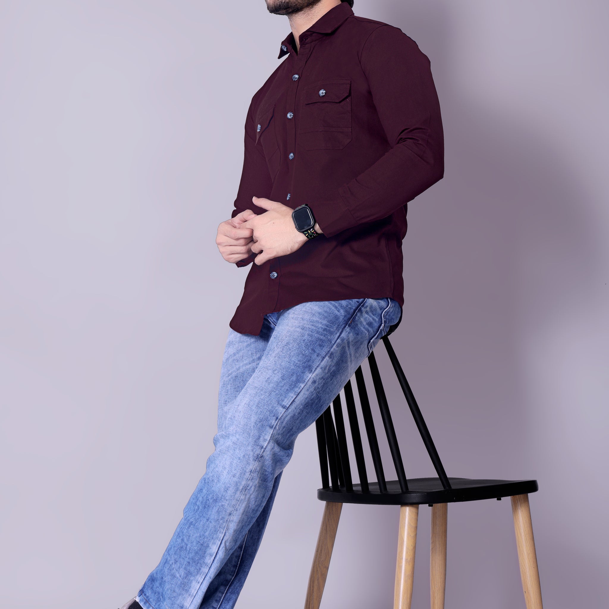 Flaxshion Mens Maroon Cargo Shirt Full Sleeve