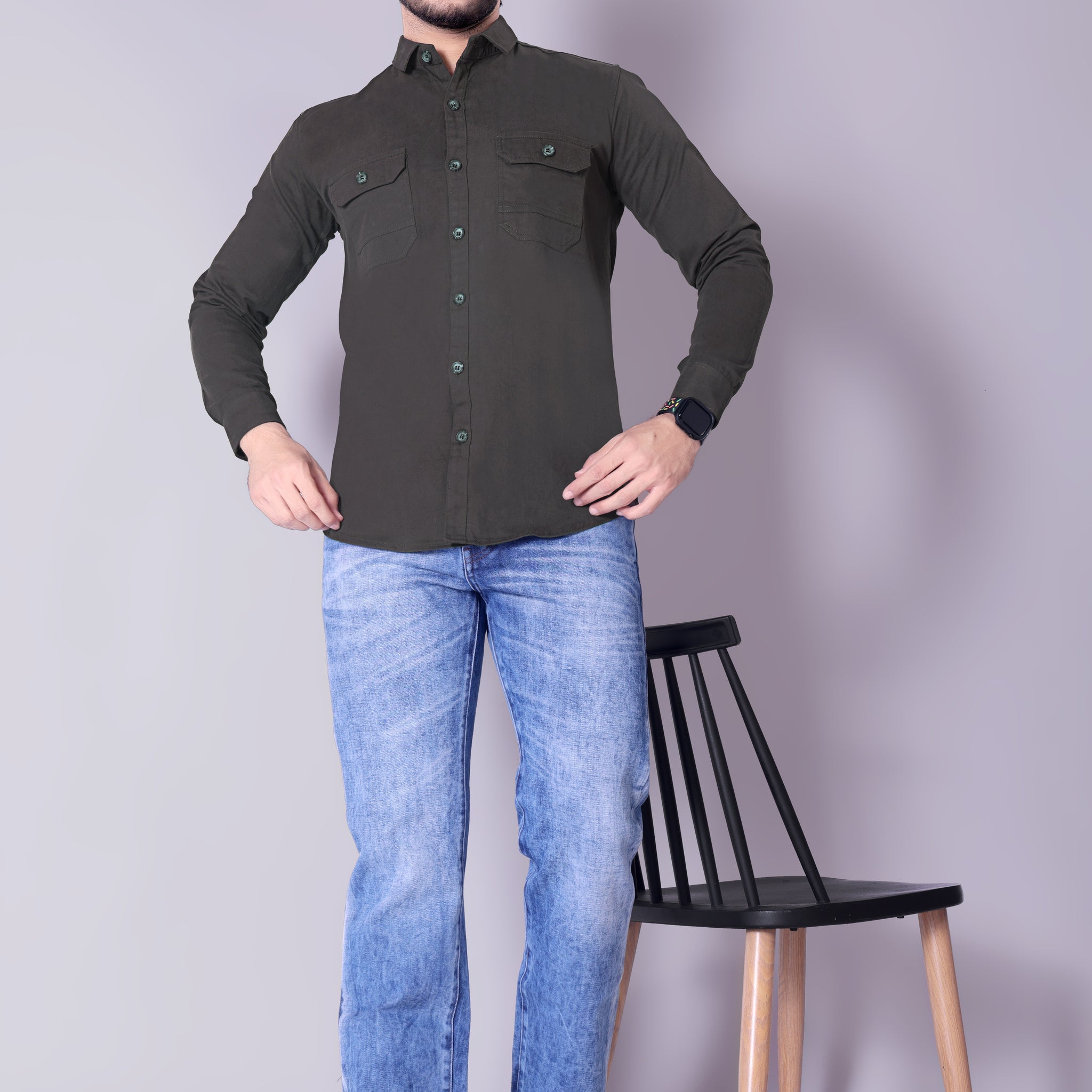 Flaxshion Mens Dark Olive Green Cargo Shirt Full Sleeve Cotton Shirt with Flap Pockets