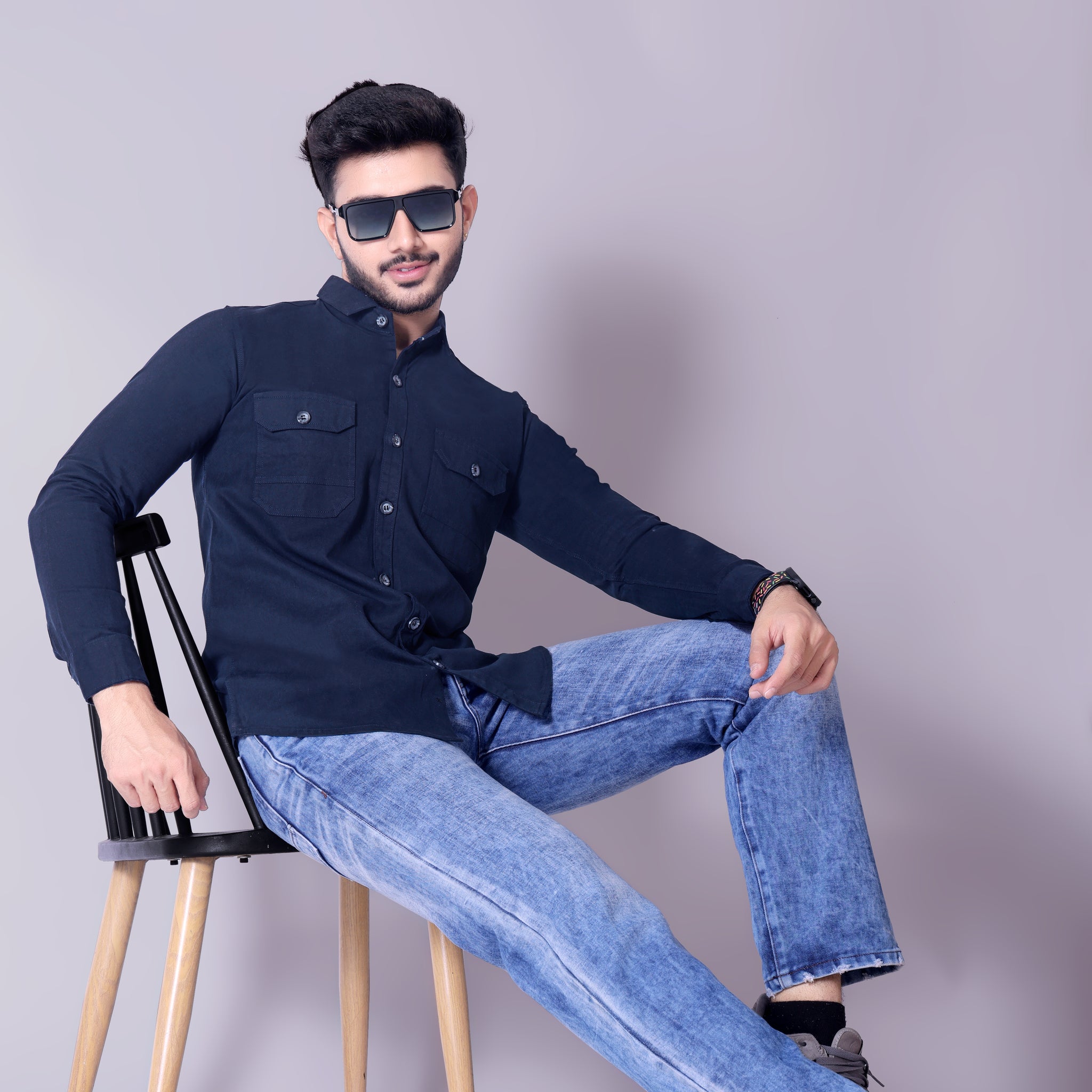 Flaxshion Mens Navy Blue Cargo Shirt Full Sleeve Cotton Shirt with Flap Pockets