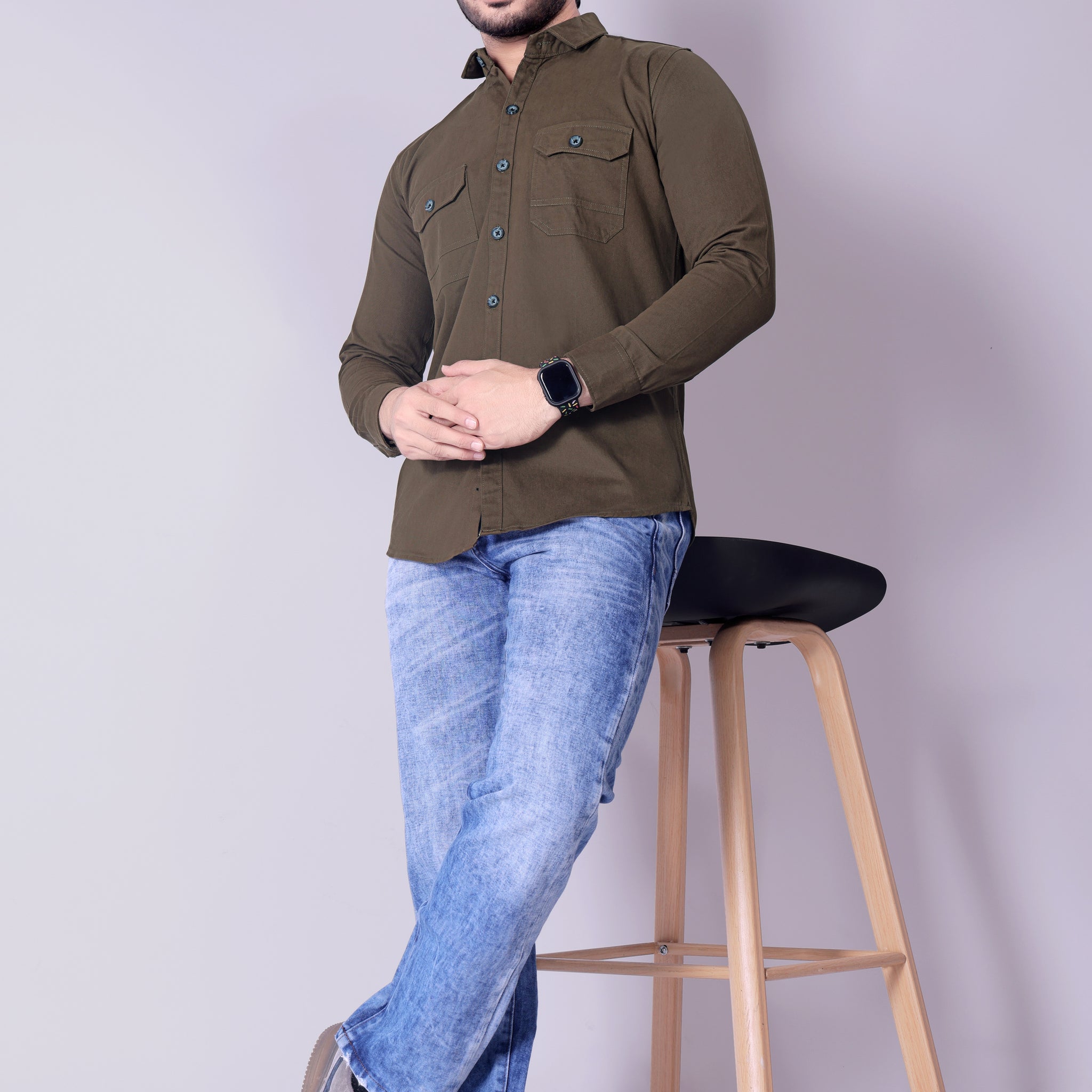 Flaxshion Mens Olive Green Cargo Shirt Full Sleeve Cotton Shirt with Flap Pockets
