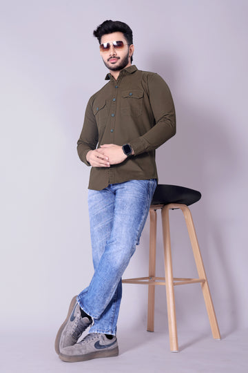 Flaxshion Mens Olive Green Cargo Shirt Full Sleeve Cotton Shirt with Flap Pockets