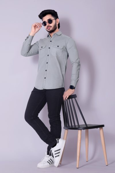 Flaxshion Men s Grey Cargo Shirt     Full Sleeve Cotton Shirt with Flap Pockets Cargo Shirts