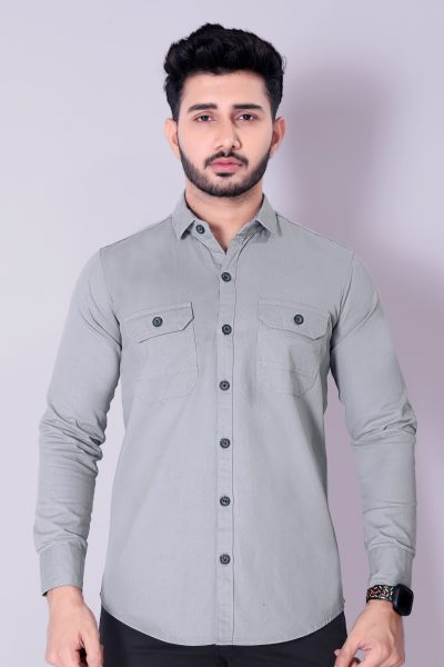 Flaxshion Men s Grey Cargo Shirt     Full Sleeve Cotton Shirt with Flap Pockets Cargo Shirts