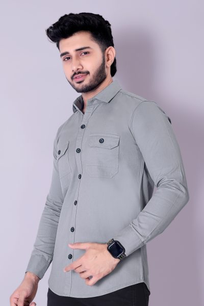 Flaxshion Men s Grey Cargo Shirt     Full Sleeve Cotton Shirt with Flap Pockets Cargo Shirts