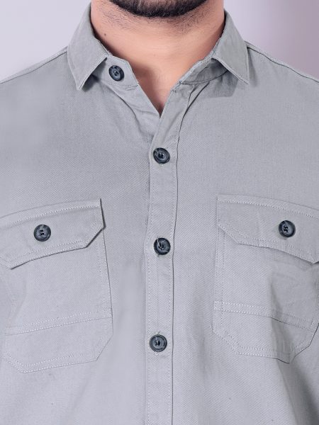 Flaxshion Men s Grey Cargo Shirt     Full Sleeve Cotton Shirt with Flap Pockets Cargo Shirts