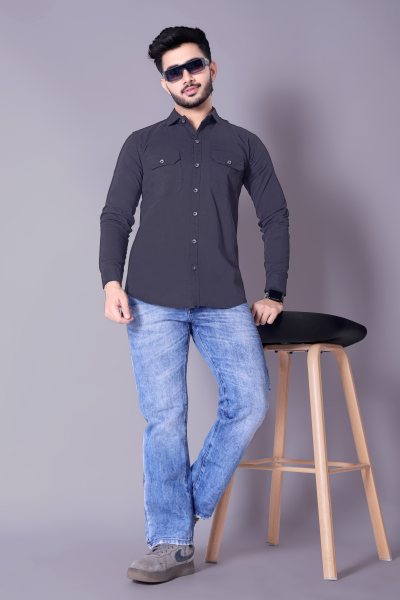 Flaxshion Mens Charcoal Black Cargo Shirt    Full Sleeve Cotton Shirt with Flap Pockets Cargo Shirts