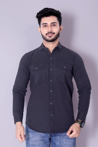 Flaxshion Mens Charcoal Black Cargo Shirt    Full Sleeve Cotton Shirt with Flap Pockets Cargo Shirts