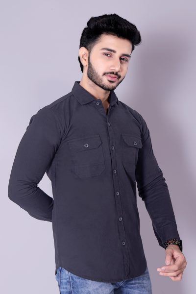 Flaxshion Mens Charcoal Black Cargo Shirt    Full Sleeve Cotton Shirt with Flap Pockets Cargo Shirts
