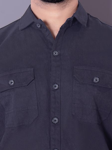 Flaxshion Mens Charcoal Black Cargo Shirt    Full Sleeve Cotton Shirt with Flap Pockets Cargo Shirts
