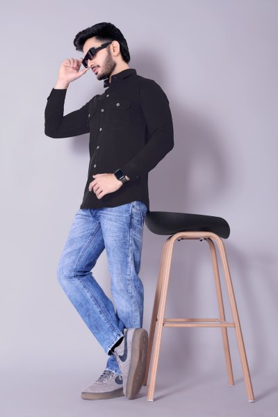Flaxshion Mens Dark jet Black Cargo Shirt    Full Sleeve Cotton Shirt with Flap Pockets Cargo Shirts