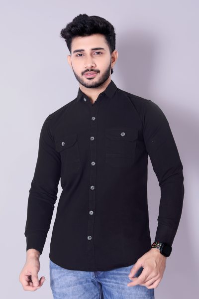 Flaxshion Mens Dark jet Black Cargo Shirt    Full Sleeve Cotton Shirt with Flap Pockets Cargo Shirts