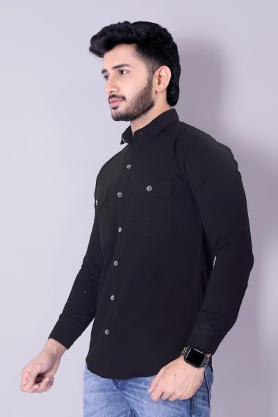 Flaxshion Mens Dark jet Black Cargo Shirt    Full Sleeve Cotton Shirt with Flap Pockets Cargo Shirts