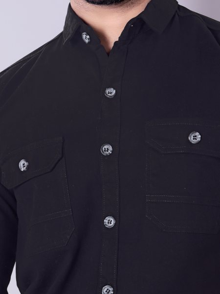 Flaxshion Mens Dark jet Black Cargo Shirt    Full Sleeve Cotton Shirt with Flap Pockets Cargo Shirts