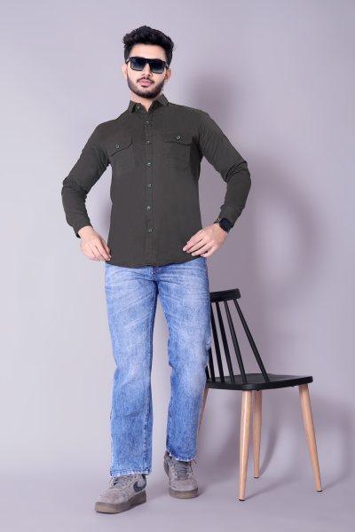 Flaxshion Mens Dark Olive Green Cargo Shirt    Full Sleeve Cotton Shirt with Flap Pockets Cargo Shirts