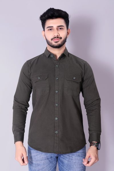 Flaxshion Mens Dark Olive Green Cargo Shirt    Full Sleeve Cotton Shirt with Flap Pockets Cargo Shirts