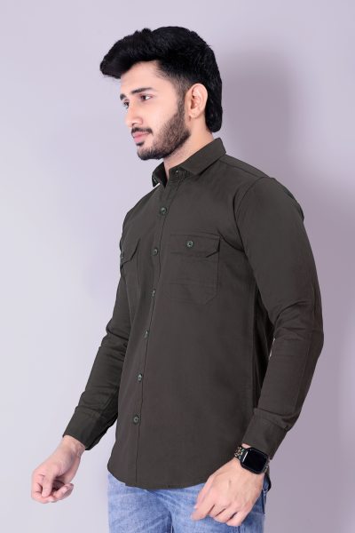 Flaxshion Mens Dark Olive Green Cargo Shirt    Full Sleeve Cotton Shirt with Flap Pockets Cargo Shirts
