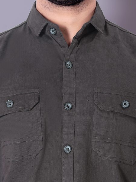 Flaxshion Mens Dark Olive Green Cargo Shirt    Full Sleeve Cotton Shirt with Flap Pockets Cargo Shirts