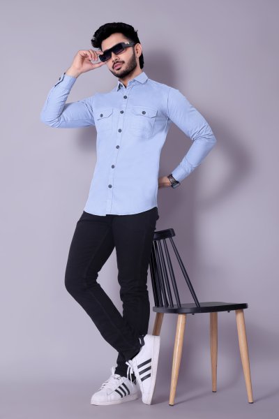 Flaxshion Mens Light Blue Cargo Shirt    Full Sleeve Cotton Shirt with Flap Pockets Cargo Shirts