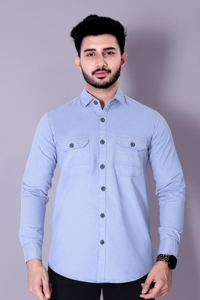 Flaxshion Mens Light Blue Cargo Shirt    Full Sleeve Cotton Shirt with Flap Pockets Cargo Shirts