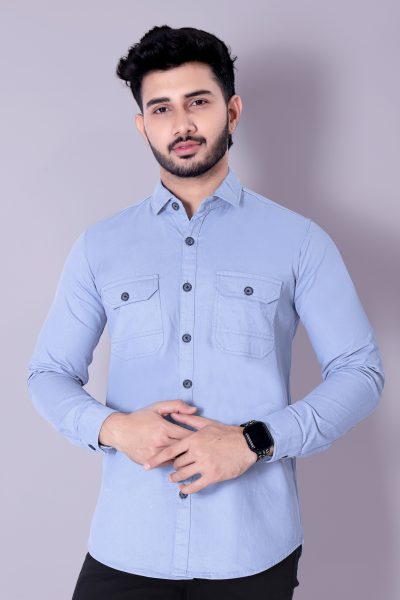 Flaxshion Mens Light Blue Cargo Shirt    Full Sleeve Cotton Shirt with Flap Pockets Cargo Shirts
