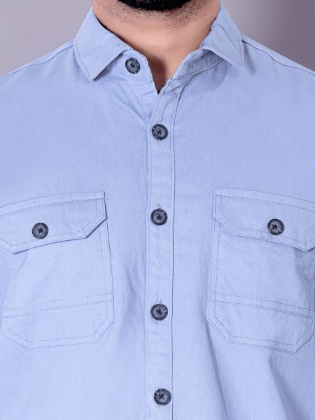 Flaxshion Mens Light Blue Cargo Shirt    Full Sleeve Cotton Shirt with Flap Pockets Cargo Shirts