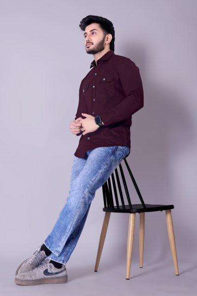 Flaxshion Mens Maroon Cargo Shirt    Full Sleeve Cotton Shirt with Flap Pockets Cargo Shirts