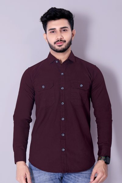 Flaxshion Mens Maroon Cargo Shirt    Full Sleeve Cotton Shirt with Flap Pockets Cargo Shirts