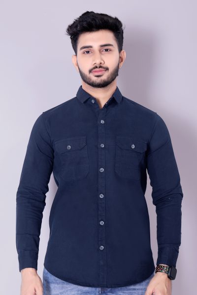 Flaxshion Mens Navy Blue Cargo Shirt    Full Sleeve Cotton Shirt with Flap Pockets Cargo Shirts