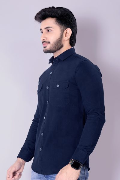 Flaxshion Mens Navy Blue Cargo Shirt    Full Sleeve Cotton Shirt with Flap Pockets Cargo Shirts
