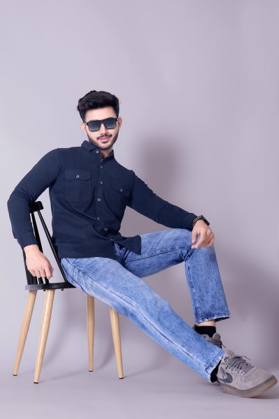 Flaxshion Mens Navy Blue Cargo Shirt    Full Sleeve Cotton Shirt with Flap Pockets Cargo Shirts
