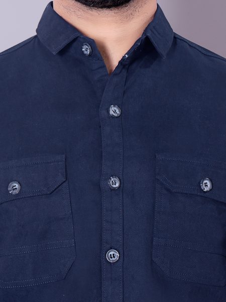 Flaxshion Mens Navy Blue Cargo Shirt    Full Sleeve Cotton Shirt with Flap Pockets Cargo Shirts