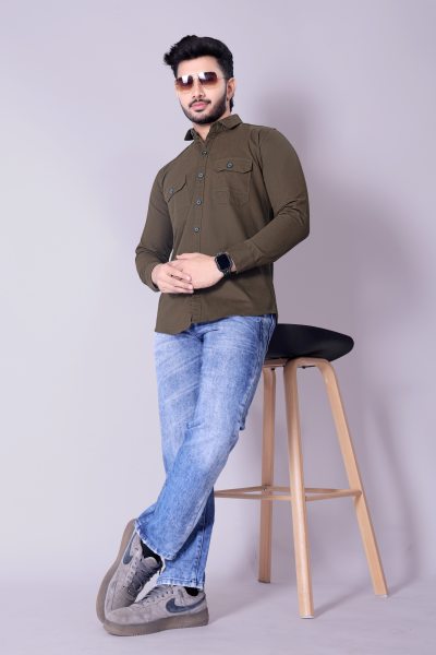Flaxshion Mens Olive Green Cargo Shirt    Full Sleeve Cotton Shirt with Flap Pockets Cargo Shirts