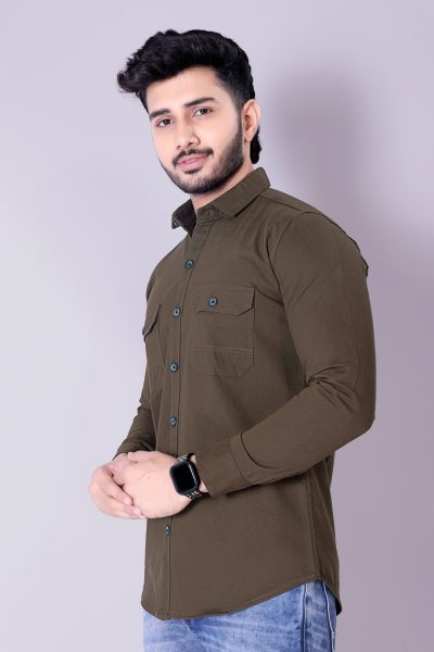 Flaxshion Mens Olive Green Cargo Shirt    Full Sleeve Cotton Shirt with Flap Pockets Cargo Shirts