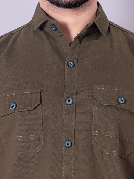 Flaxshion Mens Olive Green Cargo Shirt    Full Sleeve Cotton Shirt with Flap Pockets Cargo Shirts