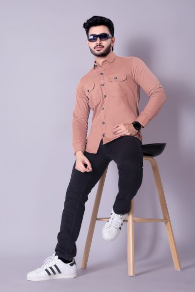Flaxshion Mens Peach Cargo Shirt    Full Sleeve Cotton Shirt with Flap Pockets Cargo Shirts
