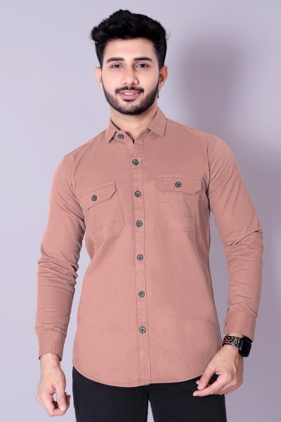 Flaxshion Mens Peach Cargo Shirt    Full Sleeve Cotton Shirt with Flap Pockets Cargo Shirts
