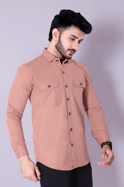 Flaxshion Mens Peach Cargo Shirt    Full Sleeve Cotton Shirt with Flap Pockets Cargo Shirts