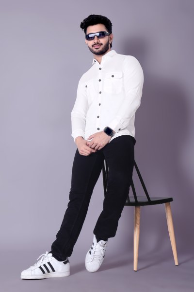 Flaxshion Mens White Cargo Shirt    Full Sleeve Cotton Shirt with Flap Pockets Cargo Shirts