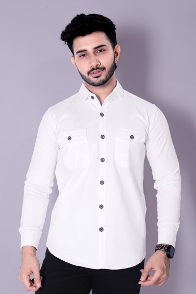 Flaxshion Mens White Cargo Shirt    Full Sleeve Cotton Shirt with Flap Pockets Cargo Shirts