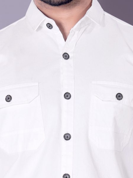 Flaxshion Mens White Cargo Shirt    Full Sleeve Cotton Shirt with Flap Pockets Cargo Shirts